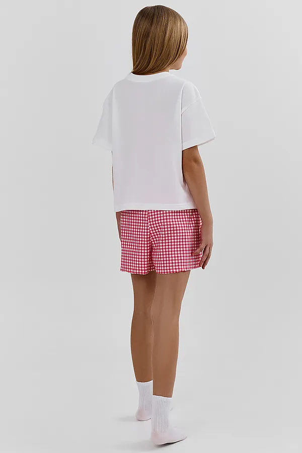 Комплект для девочек (футболка, шорты) MARK FORMELLE, белый +розовая клетка - фото 2