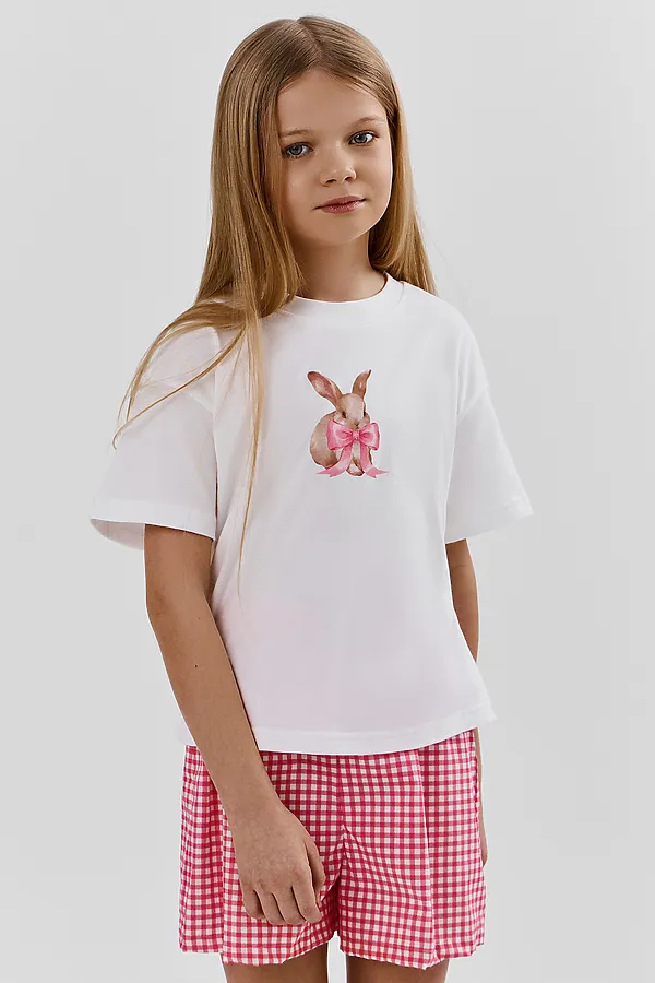 Комплект для девочек (футболка, шорты) MARK FORMELLE, белый +розовая клетка - фото 2