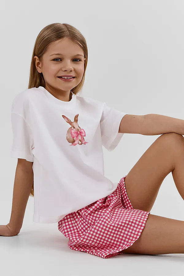 Комплект для девочек (футболка, шорты) MARK FORMELLE, белый +розовая клетка - фото 2