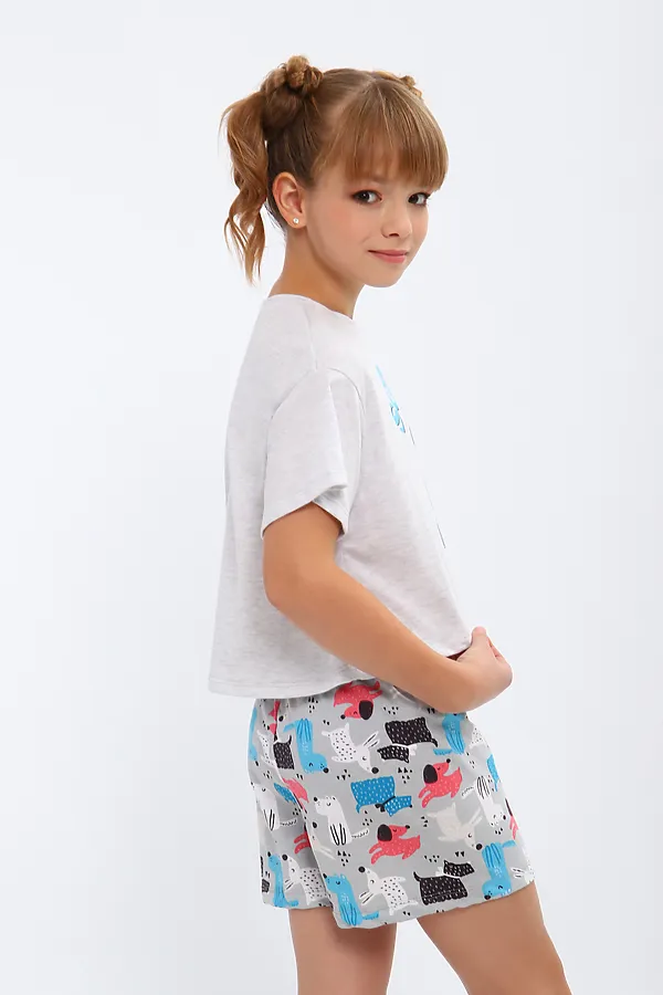 Пижама с шортами арт. ПД-019-081 НАТАЛИ, белый меланж/собачки серые - фото 2