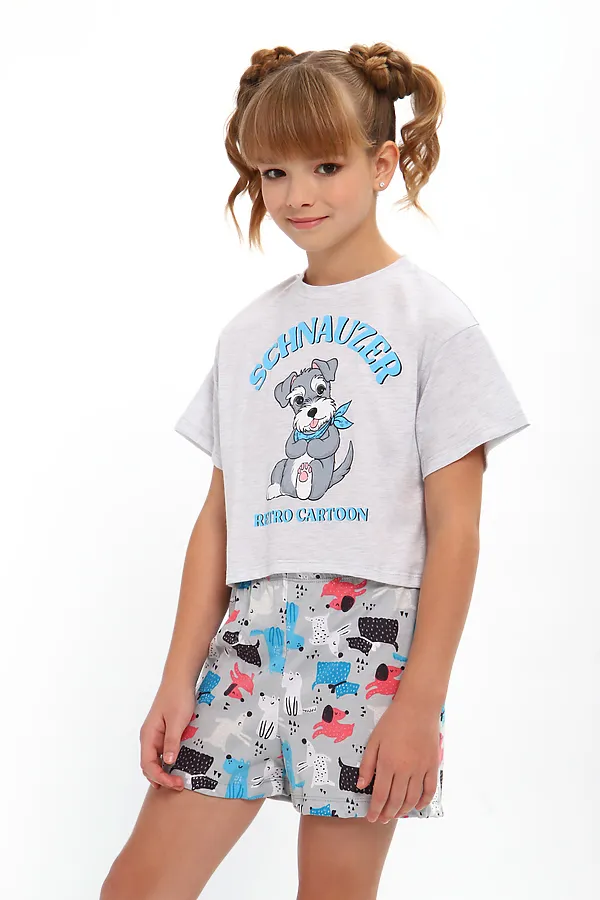 Пижама с шортами арт. ПД-019-081 НАТАЛИ, белый меланж/собачки серые - фото 2