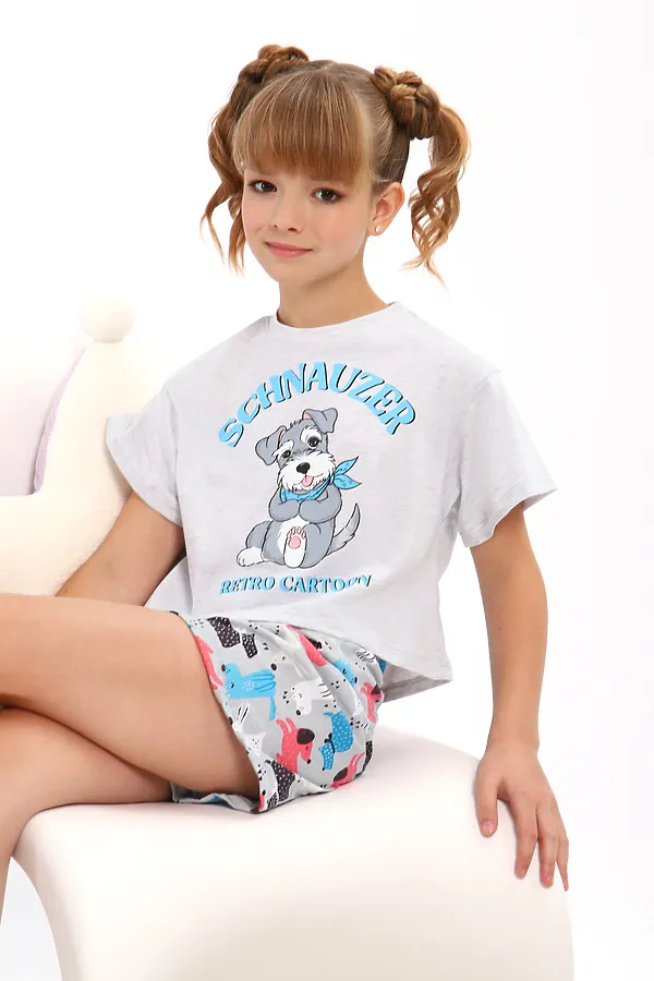 Пижама с шортами арт. ПД-019-081 НАТАЛИ, белый меланж/собачки серые - фото 2