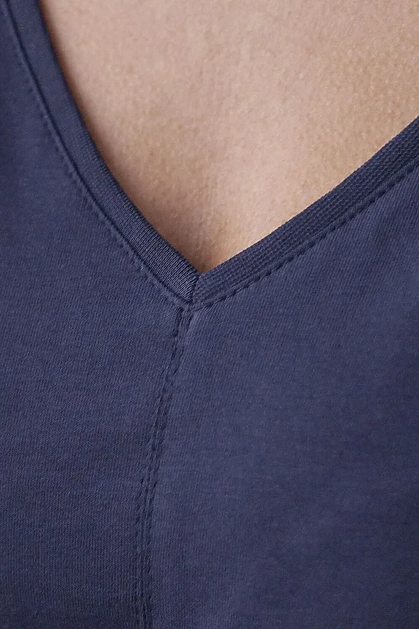 Платье свободное с V-вырезом из 100% хлопка с поясом и разрезом VILATTE, т.синий - фото 2