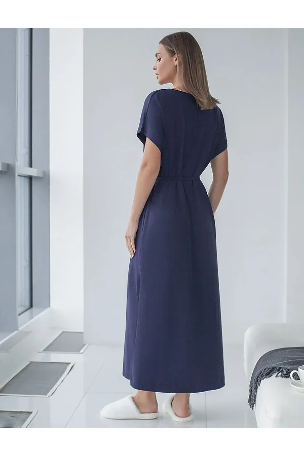 Платье свободное с V-вырезом из 100% хлопка с поясом и разрезом VILATTE, т.синий - фото 2