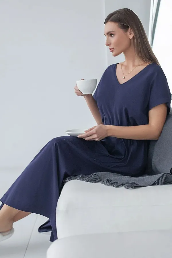 Платье свободное с V-вырезом из 100% хлопка с поясом и разрезом VILATTE, т.синий - фото 2