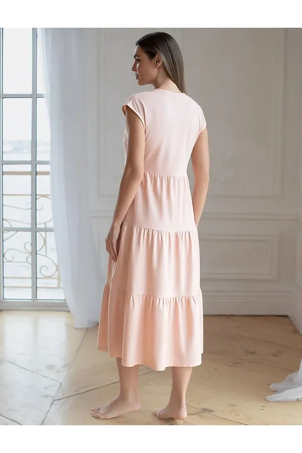 Ярусное платье А силуэта с V вырезом из 100% премиального хлопка VILATTE, пудра - фото 2