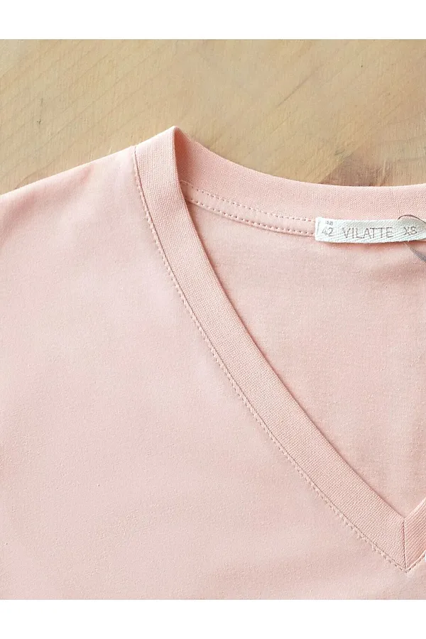 Ярусное платье А силуэта с V вырезом из 100% премиального хлопка VILATTE, пудра - фото 2