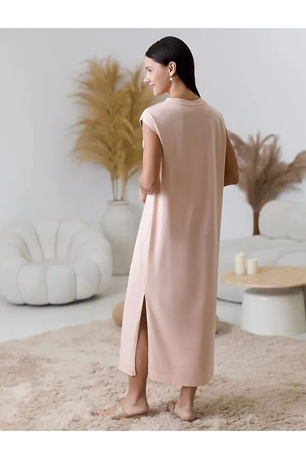 Длинное прямое платье с разрезами из 100% хлопка VILATTE, пудра - фото 2