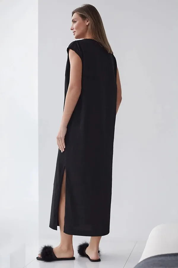 Длинное прямое платье с разрезами из 100% хлопка VILATTE, черный - фото 2