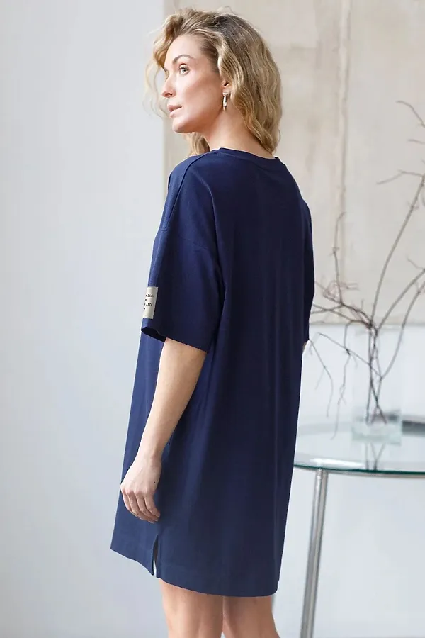 Свободное платье-футболка с разрезами и принтом из 100% хлопка VILATTE, т.синий_love_live - фото 2
