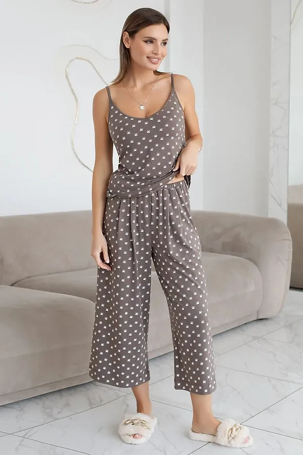 Топ на регулируемых бретелях с V вырезом из 100% хлопка с принтом VILATTE, кофе-белый лапы - фото 2