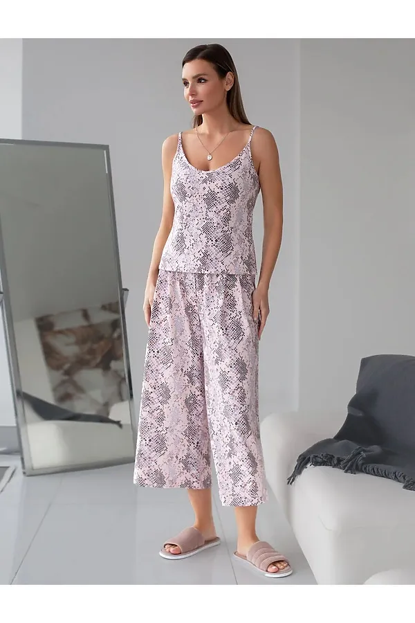 Топ на регулируемых бретелях с V вырезом из 100% хлопка с принтом VILATTE, кофейно-пудровый питон - фото 2