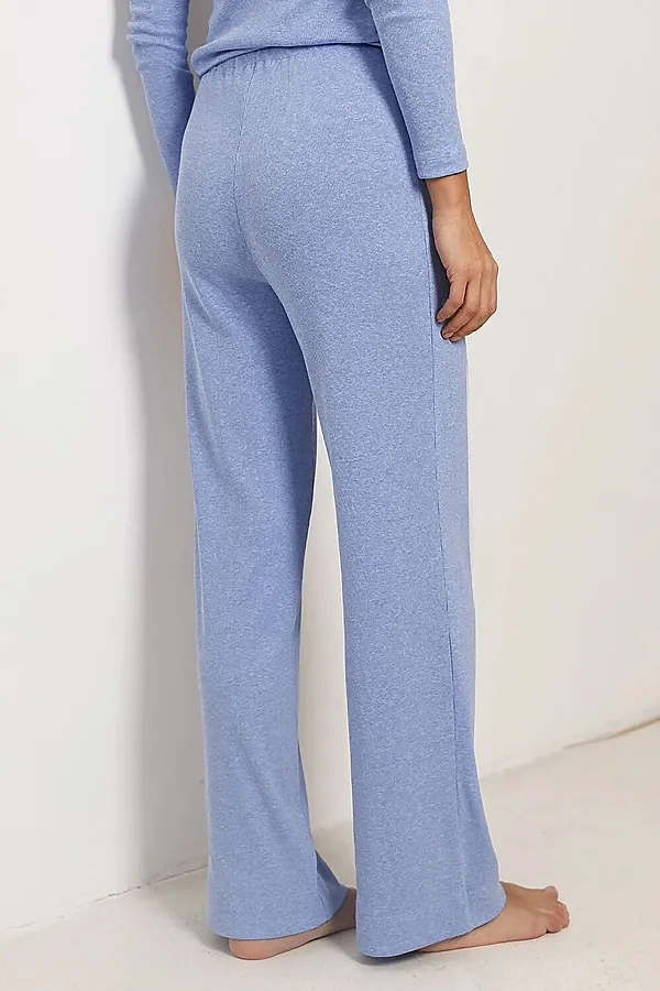 Прямые брюки с поясом на резинке из фактурного трикотажа в рубчик VILATTE, голубой меланж - фото 2