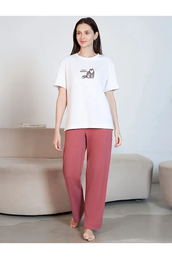 Прямые брюки с поясом на резинке из фактурного трикотажа в рубчик VILATTE, т.коралл - фото 2