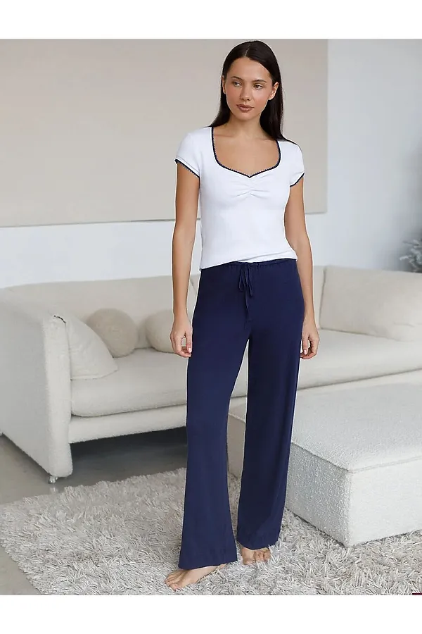 Прямые брюки с поясом на резинке из фактурного трикотажа в рубчик VILATTE, т.синий - фото 2