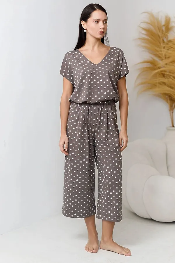 Укороченные широкие брюки кюлоты c принтом на резинке из 100% хлопка VILATTE, кофе-белый лапы - фото 2