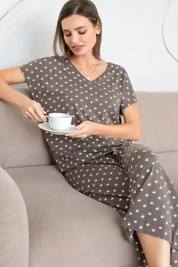 Укороченные широкие брюки кюлоты c принтом на резинке из 100% хлопка VILATTE, кофе-белый лапы - фото 2