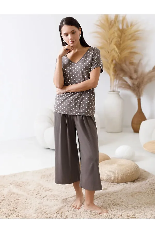 Укороченные широкие брюки кюлоты на резинке из 100% хлопка VILATTE, кофе - фото 2