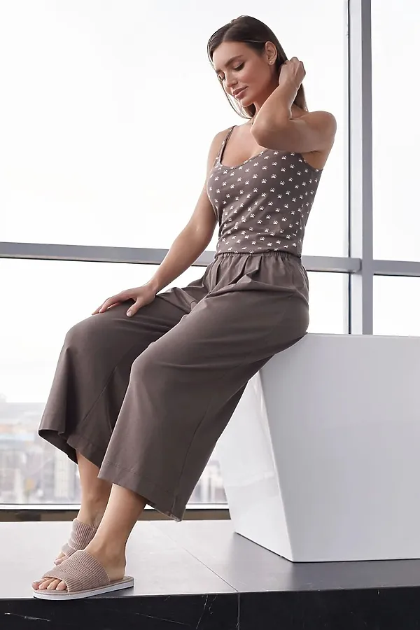 Укороченные широкие брюки кюлоты на резинке из 100% хлопка VILATTE, кофе - фото 2