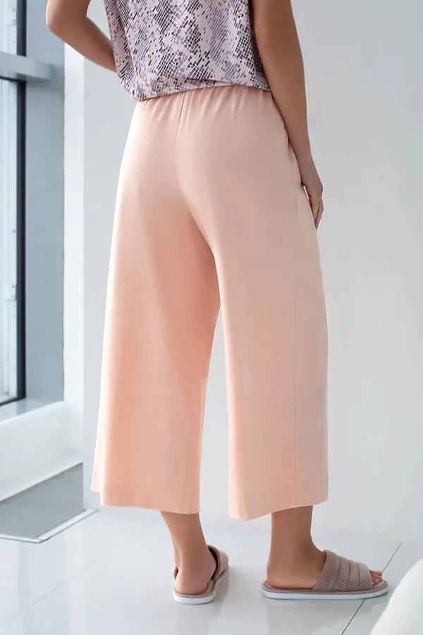 Укороченные широкие брюки кюлоты на резинке из 100% хлопка VILATTE, пудра - фото 2