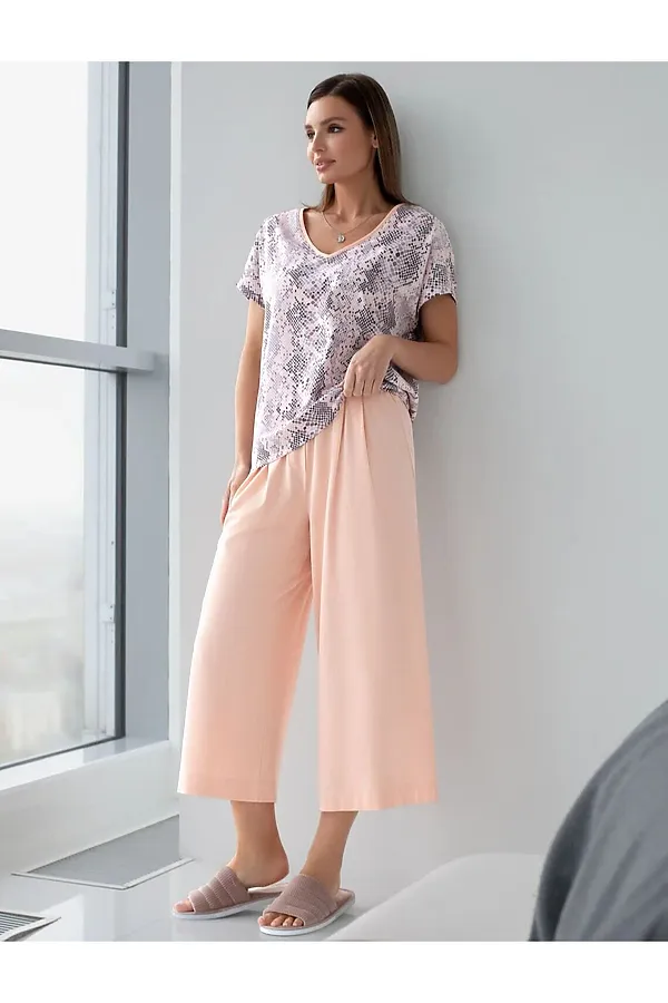 Укороченные широкие брюки кюлоты на резинке из 100% хлопка VILATTE, пудра - фото 2