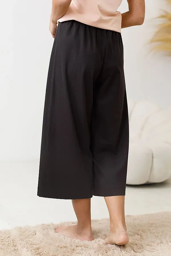 Укороченные широкие брюки кюлоты на резинке из 100% хлопка VILATTE, черный - фото 2