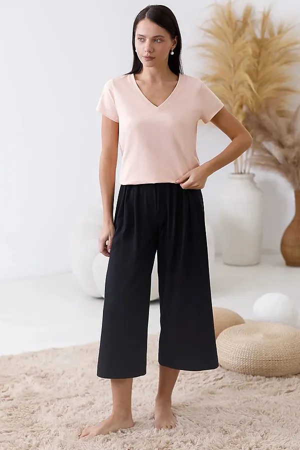 Укороченные широкие брюки кюлоты на резинке из 100% хлопка VILATTE, черный - фото 2