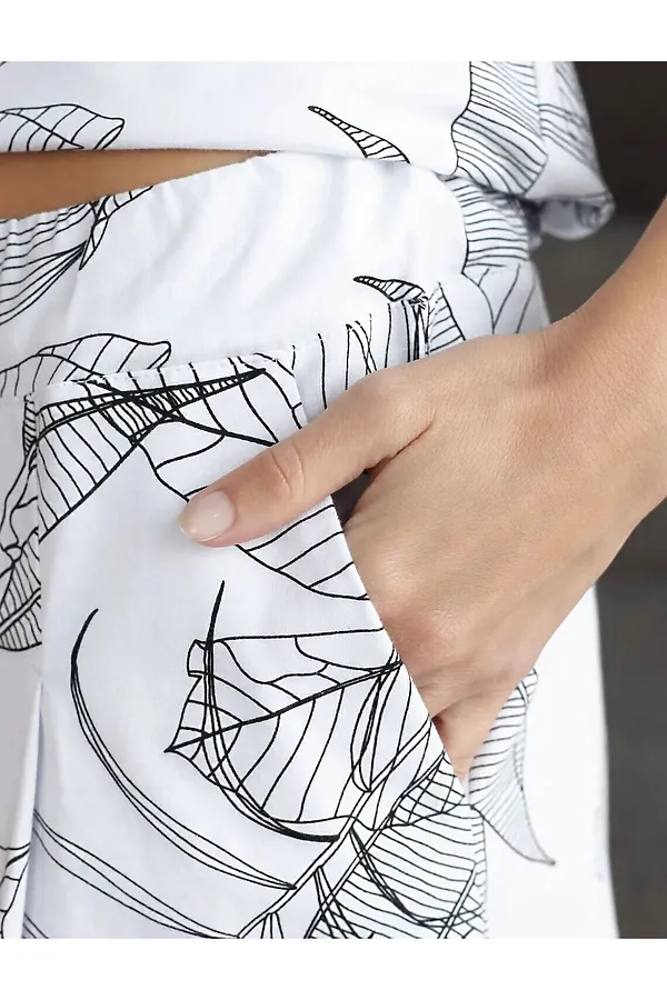 Юбка-шорты в складку с карманами из 100% хлопка с принтом VILATTE, белый-черный листья - фото 2