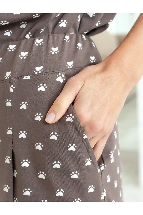 Юбка-шорты в складку с карманами из 100% хлопка с принтом VILATTE, кофе-белый лапы - фото 2