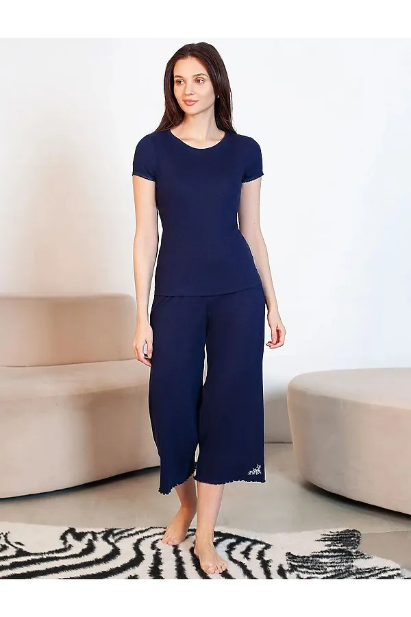 Футболка с круглым вырезом из фактурного трикотажа в рубчик VILATTE, т.синий - фото 2