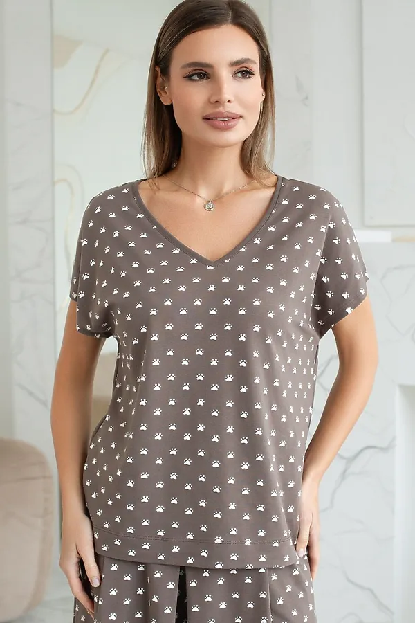 Свободная футболка с V-вырезом и цельнокроеным рукавом из 100% хлопка с принтом VILATTE, кофе-белый лапы - фото 2