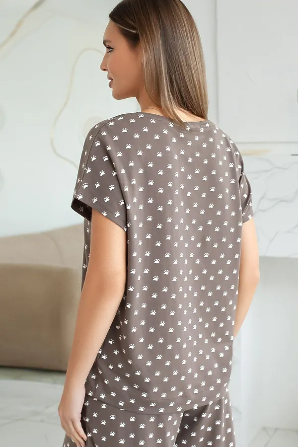 Свободная футболка с V-вырезом и цельнокроеным рукавом из 100% хлопка с принтом VILATTE, кофе-белый лапы - фото 2