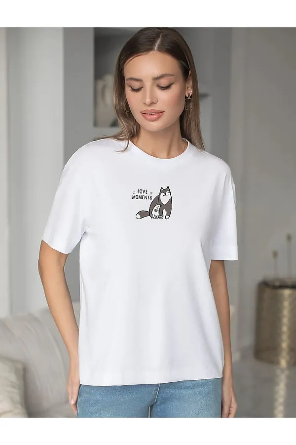 Футболка с принтом свободная из премиального 100% хлопка VILATTE, белый_коты - фото 2