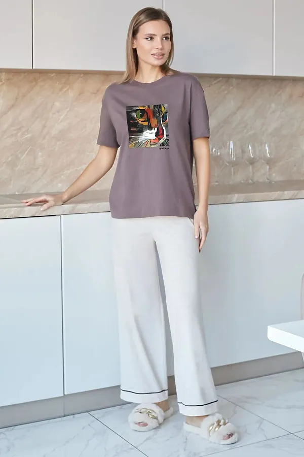 Футболка с принтом свободная из премиального 100% хлопка VILATTE, кофе_арт_котик - фото 2