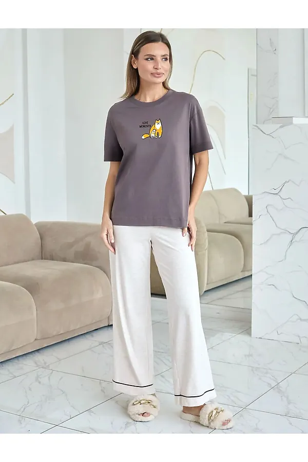 Футболка с принтом свободная из премиального 100% хлопка VILATTE, кофе_коты - фото 2