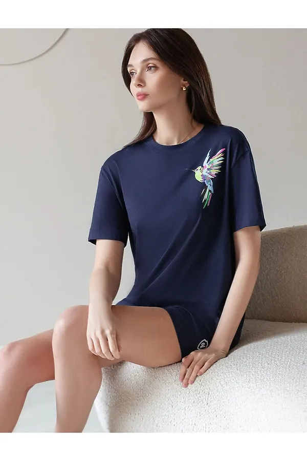 Футболка с принтом свободная из премиального 100% хлопка VILATTE, т.синий_колибри - фото 2