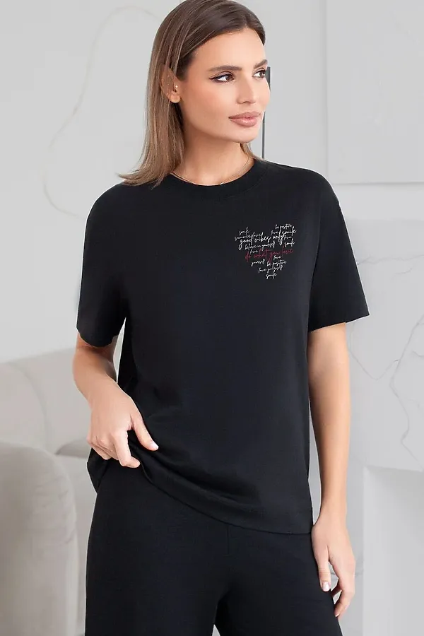Футболка с принтом свободная из премиального 100% хлопка VILATTE, черный_love - фото 2