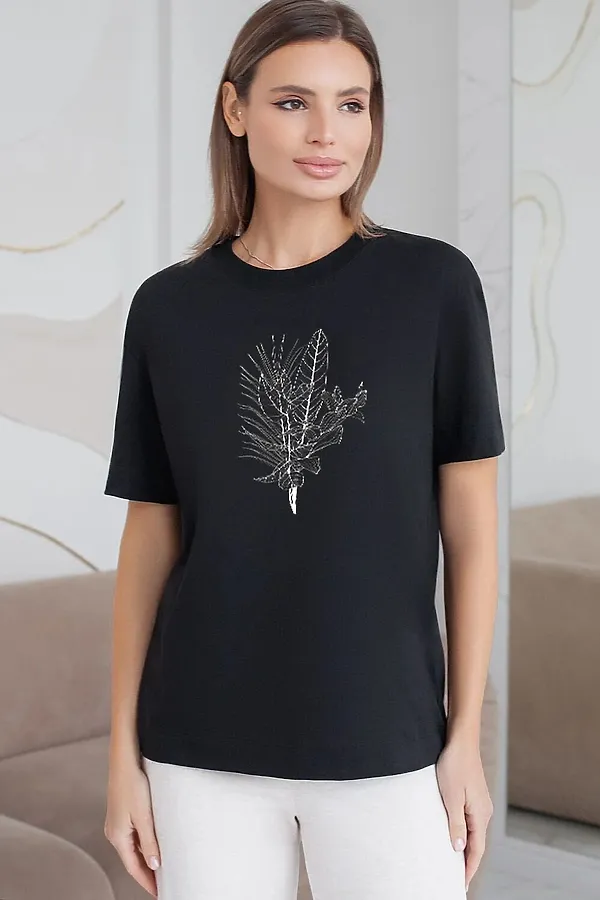 Футболка с принтом свободная из премиального 100% хлопка VILATTE, черный_тропики - фото 2
