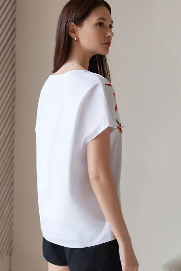 Свободная футболка с V-вырезом и цельнокроеным рукавом из 100% хлопка с принтом VILATTE, белый_тропический цветок - фото 2