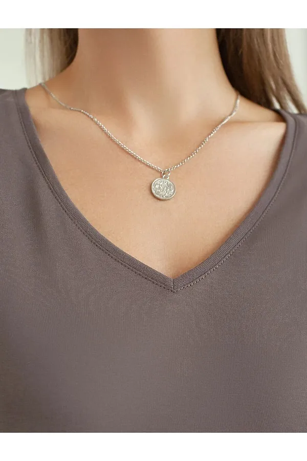 Свободная футболка с V-вырезом и цельнокроеным рукавом из 100% хлопка VILATTE, кофе - фото 2