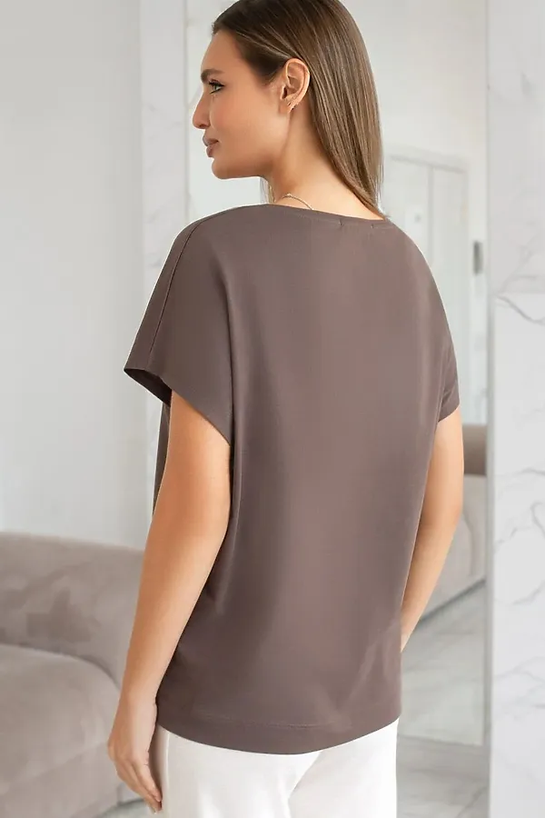 Свободная футболка с V-вырезом и цельнокроеным рукавом из 100% хлопка VILATTE, кофе - фото 2