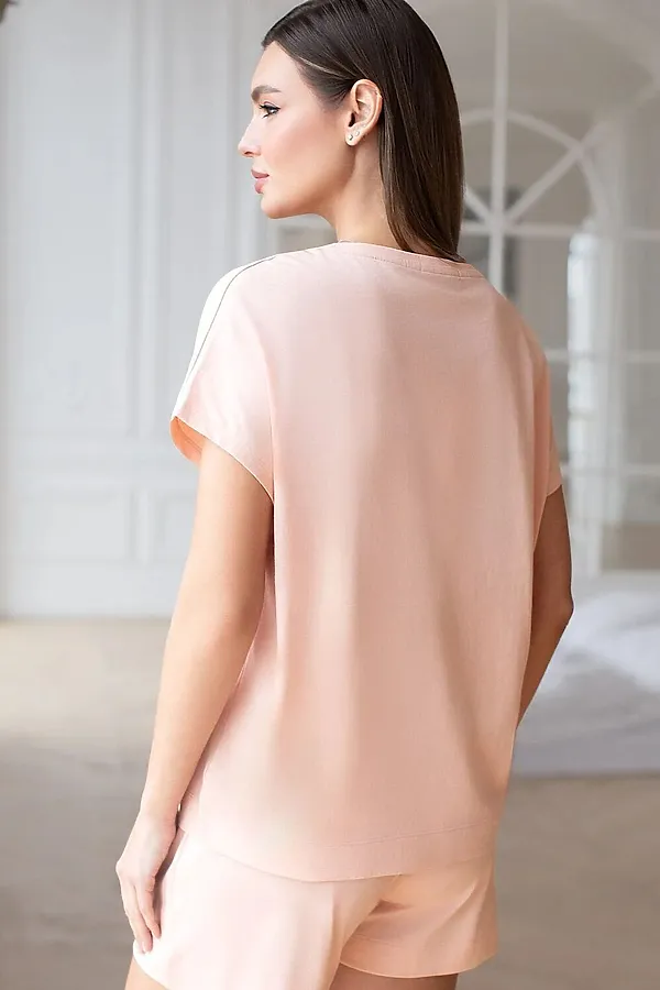 Свободная футболка с V-вырезом и цельнокроеным рукавом из 100% хлопка VILATTE, пудра - фото 2