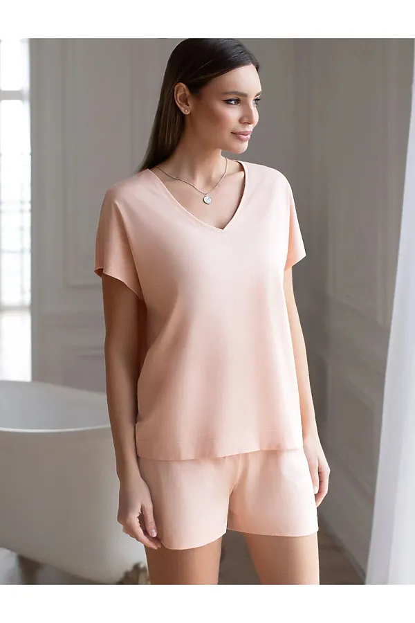 Свободная футболка с V-вырезом и цельнокроеным рукавом из 100% хлопка VILATTE, пудра - фото 2