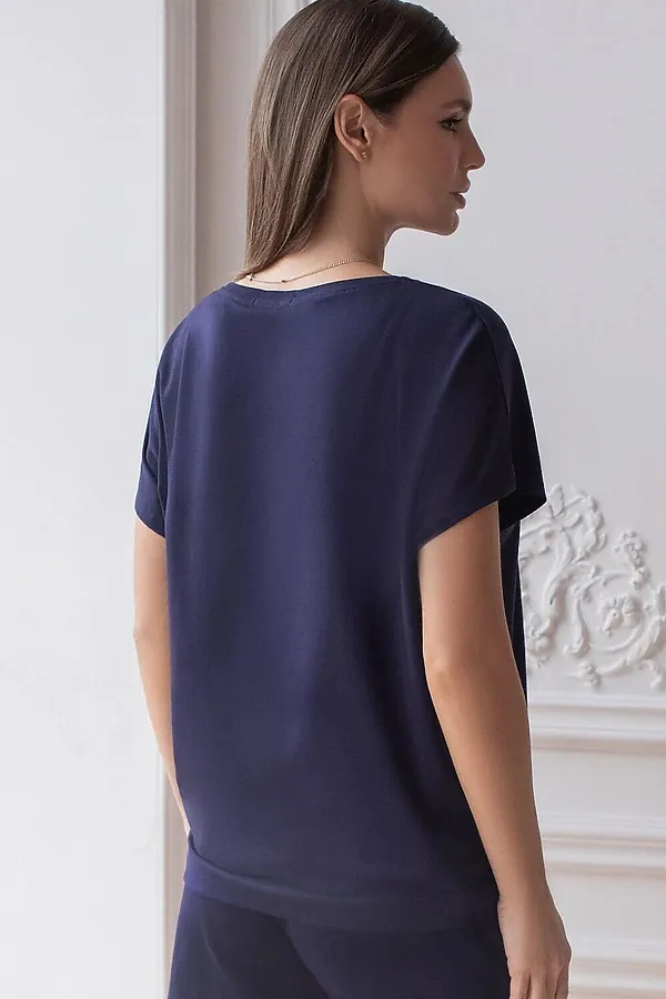 Свободная футболка с V-вырезом и цельнокроеным рукавом из 100% хлопка VILATTE, т.синий - фото 2