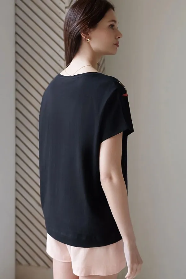 Свободная футболка с V-вырезом и цельнокроеным рукавом из 100% хлопка с принтом VILATTE, черный_тропический цветок - фото 2