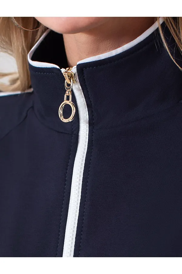 Свободный бомбер с лампасами на молнии из петельчатого футера двухнитки с эластаном VILATTE, т.синий - фото 2