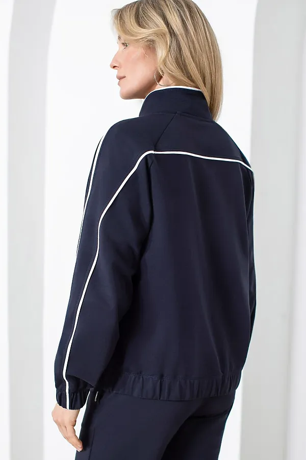 Свободный бомбер с лампасами на молнии из петельчатого футера двухнитки с эластаном VILATTE, т.синий - фото 2