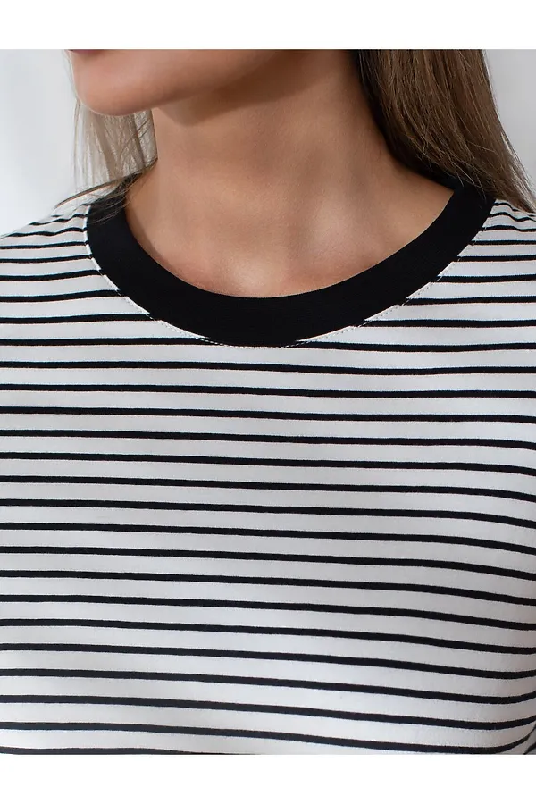 Свободная футболка в полоску из премиального хлопка с эластаном VILATTE, белый-черный - фото 2