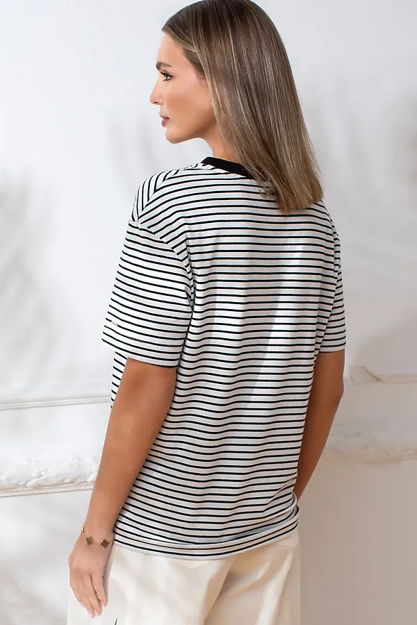 Свободная футболка в полоску из премиального хлопка с эластаном VILATTE, белый-черный - фото 2