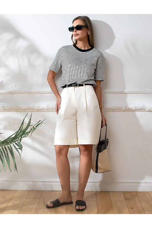 Свободная футболка в полоску из премиального хлопка с эластаном VILATTE, белый-черный - фото 2